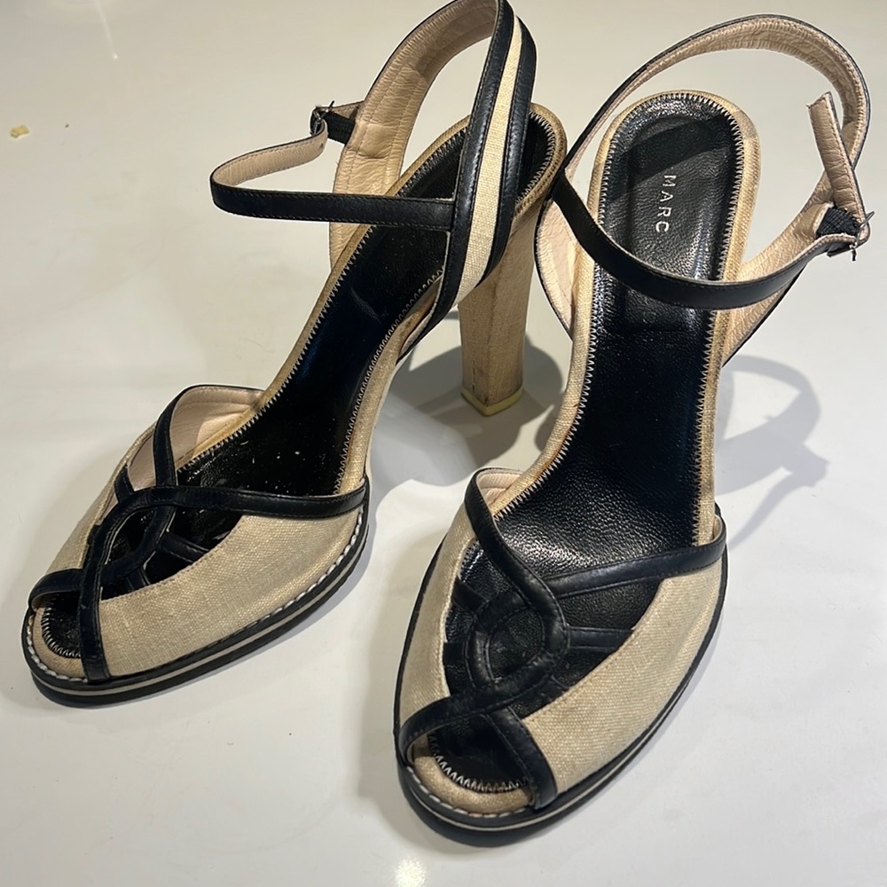 Marc Jacobs Linen & Leather Open Toe Heels